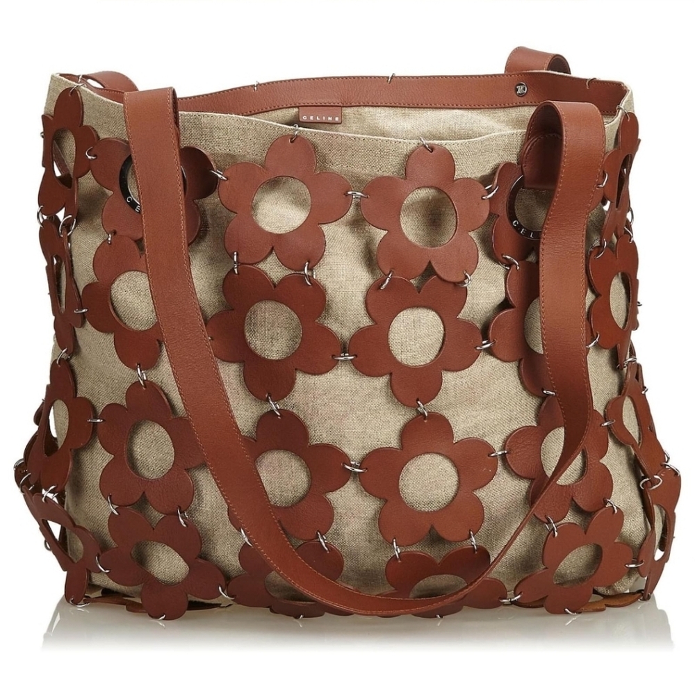 CELINE | Vintage Hemp Brown Floral Leather Cutout Tote Bag